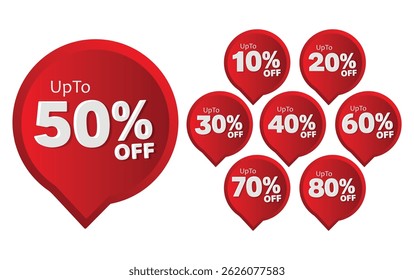 Different Percent Discount Sticker Discount Price Tag Set. Up To 10, 20, 30, 40, 50, 60, 70 ,80 Percentage Vector , Red Discount Labels Up to 80% Off – Sale Promotion Badges

