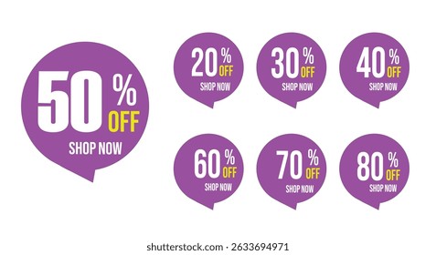 Different percent discount sticker discount price tag set. Discount Tags 20% 30% 40% 50% 60% 70%to 80% OFF Sale Labels for Promotions Marketing