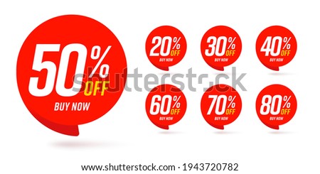 Different percent discount sticker discount price tag set. Red round speech bubble shape promote buy now with sell off up to 20, 30, 40, 50, 60, 70, 80 percentage vector illustration isolated on white