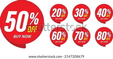 Different percent discount sticker discount price tag set. Red round speech bubble shape promote buy now with sell off up to 20, 30, 40, 50, 60, 70, 80 percentage vector illustration isolated on white 商業照片 © 
