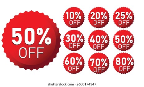 Different percent discount sticker set 20%, 30%, 40%, 50%, 60%, 70%, 80% off on white background