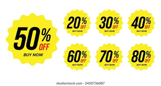 Different percent discount sticker yellow discount price tag set. buy now with sell off up to 20, 30, 40, 50, 60, 70, 80 percentage vector illustration isolated on white