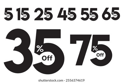 Different percent discount Text , sticker discount price tag set 5,15, 25, 35, 45, 55, 65, 75 percentage vector , white background ,png 
