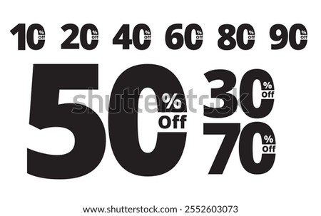 Different percent discount Text , sticker discount price tag set 10, 20, 30, 40, 50, 60, 70 ,80 ,90 percentage vector , white background ,png 
