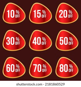 different percent sale tags set vector badges up to 10,15,20,40,50,60,70 percent off discount offer banner