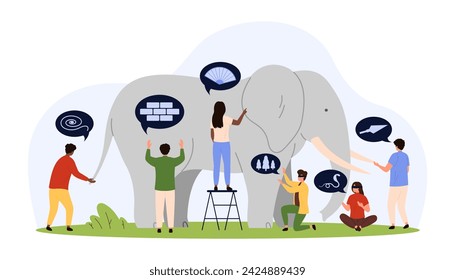 Different perception and viewpoint metaphor, parable story. Tiny blind people touch elephant on body parts with diverse experience and impression, subjective judgment cartoon vector illustration svg