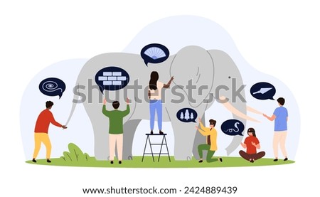 Different perception and viewpoint metaphor, parable story. Tiny blind people touch elephant on body parts with diverse experience and impression, subjective judgment cartoon vector illustration