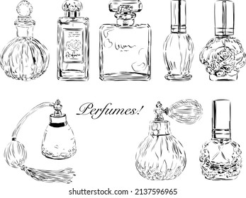 arte de línea de diferentes botellas de perfume