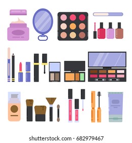 Different perfume and cosmetics set. Makeup illustrations in flat style