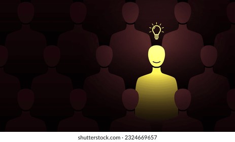 A different person standing in the crowd with a light above his head, creative and intelligent thinking concept in a company. Flat illustration design