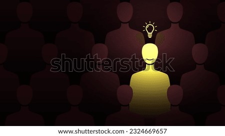 A different person standing in the crowd with a light above his head, creative and intelligent thinking concept in a company. Flat illustration design