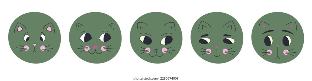 Different personages, black eyes cats. Emoji character, variety of moods, rounded cat muzzle. Creative flat vector illustration
