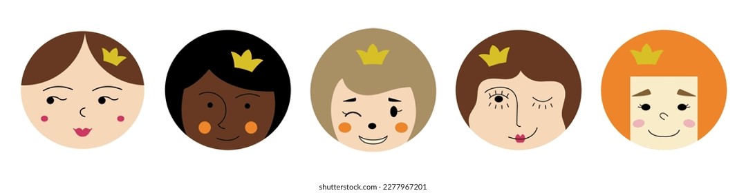 Different personages, cutely girlish faces. Cartoon icons, various feelings, girl countenance. Creative flat vector illustration
