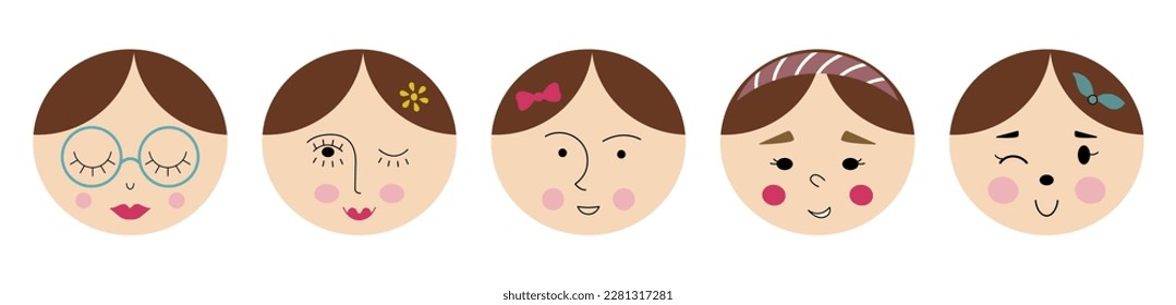 Different personages, cutely girlish faces. Emoji character, variety of moods, woman visage. Creative flat vector illustration
