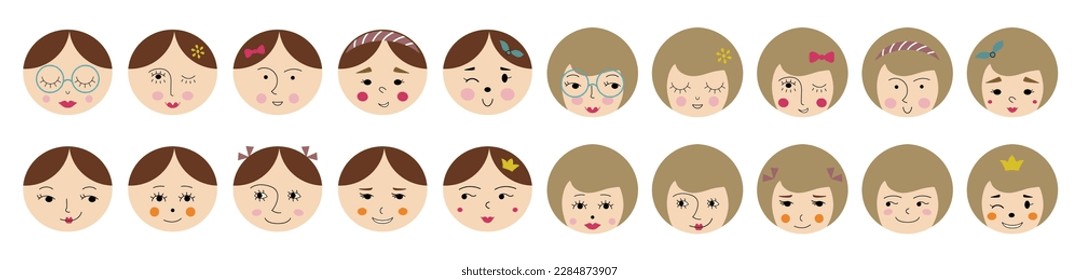 Different personages, cutely girlish faces. Variety of moods, diverse emotions, feminine guise. Illustration on white background
