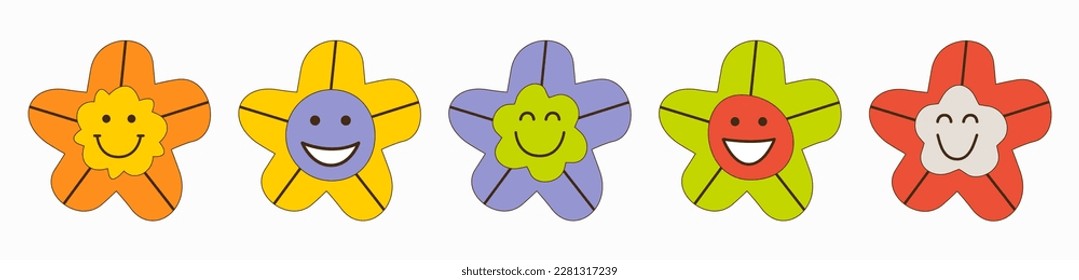 Different personages, smiles flowers. Emoji character, variety of moods, floral illustration. Creative flat vector illustration
