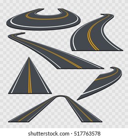 Different Perspective Curved Road Set on a Transparent Background. Vector illustration of Asphalt highway icons or way. Six different perspective sign for game design and isometric model.