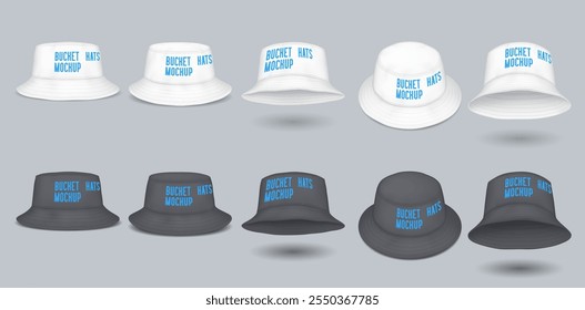 Different perspectives of mockup bucket hats realistic vector illustration set. Street fashion caps template 3d models on grey background