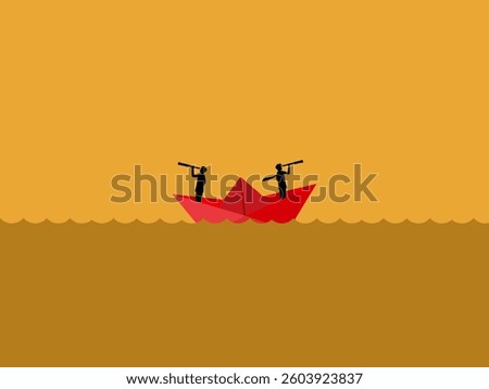 Different perspectives, Two businessmen on the paper boat look in different directions