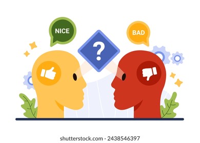 Different perspectives and vision, two points of view on same problem, psychology metaphor. Human heads look at object with difference perception, emotions and judgment cartoon vector illustration