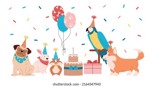 Different pets in party hats, candle cake, gift box and air balloons flat style, vector illustration isolated on white background. Sitting dogs, hamster, rabbit and parrot, confetti. Pet birthday