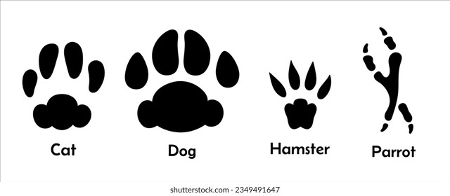 Verschiedene Haustiere bedrucken Silhouette Set. Katze, Hund, Papagei und Hamster, Vektorgrafik. Haustierspuren einzeln auf weißem Hintergrund.