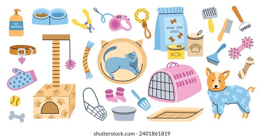 Different pets shop elements. Cartoon animals care accessories, bowls, carriers and collars, cat and dog food, toys and bowls, vector set.eps
