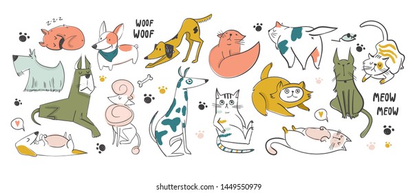 Different pets in various poses. Hand drawn big vector set of various dogs and cats. Colored trendy illustration. Flat design. All elements are isolated