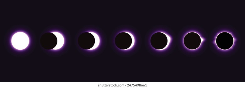 Different phases of solar eclipse. Iridescent round aura eclipse. Purple planet glow background. Sun or moon total eclipse in dark space. Star aurora flare with sparkles and sparkles effects. 