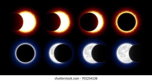 Different phases of solar and lunar eclipses vector illustration