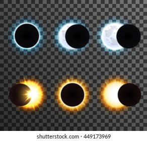 Different phases of sun with rays and shining moon cartoon isolated icons set on transparent background vector illustration