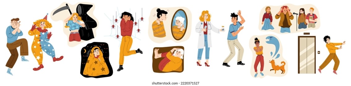 Different phobias, anxiety, stress emotions concept. People fear of dog, spiders, darkness, public speech, close space and clowns. Persons scared of pills, aging and elevator, vector flat illustration