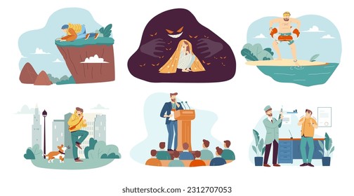 Different phobias. Scared people with emotional disorder feeling panic phobia fear of dark heights or water, stage fright glossophobia shock reactions, vector illustration of character fear and phobia