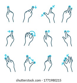 Different Phone Hand Gestures Set. Modern Finger Motions For Touchscreen Vector Illustration Collection. Touching, Swiping And Pinching. Digital Technology, Interface And Action Concept