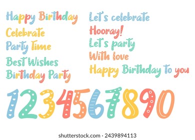 different phrases for birthday cards. bright and cute numbers. flat vector illustration