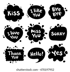 Different phrases written in a cartoon style. Blots, spot, talking cloud, speech balloon. Element for design, vector illustration.