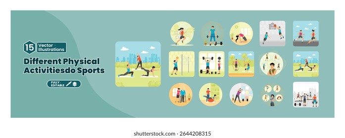 Different physical activities do sport. Yoga, running, basket, volley, gymnastic, and weightlifting. Mega set. 