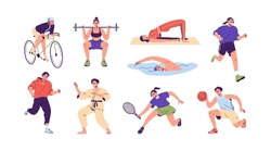 Different Physical Activities, Do Sports Set. People Cycling, Jogging, Swimming, Exercising, Playing Tennis, Basketball, Running. Flat Graphic Vector Illustrations Isolated On White Background.