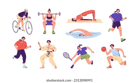 Different physical activities, do sports set. People cycling, jogging, swimming, exercising, playing tennis, basketball, running. Flat graphic vector illustrations isolated on white background.