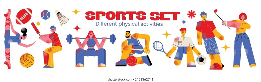 Different physical activities, do sports set. People exercising, playing tennis, basketball, football, soccer, golf, gymnastic, powerlifting. Flat graphic vector illustrations isolated on background.