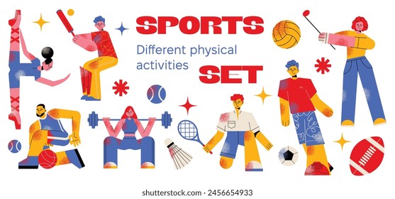 Diferentes actividades físicas, hacer deportes. Personas hacer ejercicio, jugar al tenis, baloncesto, fútbol, fútbol, golf, gimnasia, levantamiento de pesas. Ilustraciones vectoriales gráficas planas aisladas sobre fondo.