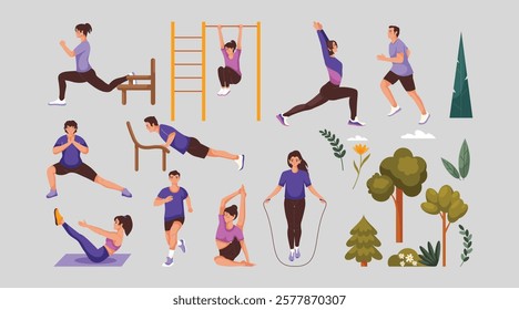 Different physical activities, do sports set. People cycling, jogging, swimming, exercising, playing tennis, basketball, running. Flat graphic vector illustrations isolated on white background.