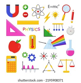 Different Physics Symbols Vector Illustrations Set. Mathematics, Chemistry, Astronomy, Physics Elements, Lab Equipment For Experiments Isolated On White Background. Physics, Science, Education