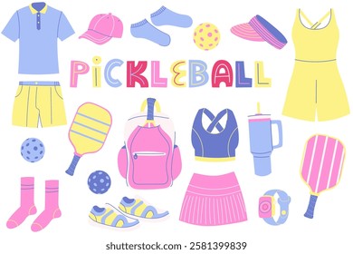 Different Pickleball sport equipment and clothes. Pickleball inventory, pickleball and tennis accessories. Healthy lifestyle concept. Hand drawn Vector set