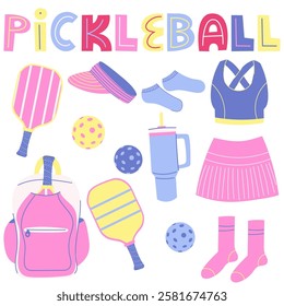 Different Pickleball sport equipment and clothes. Pickleball inventory, pickleball and tennis accessories. Healthy lifestyle concept. Hand drawn Vector set