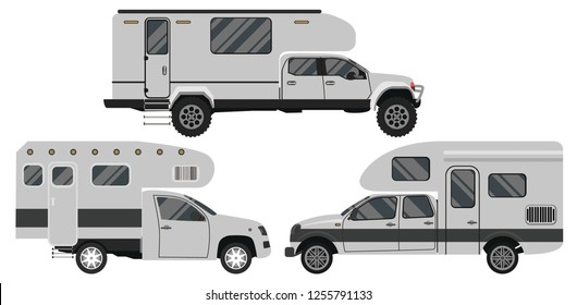 Different pickups with trailers fixed on them. Motor homes. Vector illustration, flat design style. Isolated on a white background.