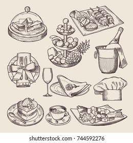 Different pictures for restaurant menu in retro style. Vector hand drawn illustrations. Restaurant vintage drawing food