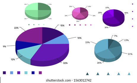 Different Pie chart set. Isolated on white background. 3d Vector colorful illustration.