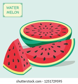 Different pieces of a watermelon. The fruit cut into pieces in form of a triangle, a wedge and a half of a watermelon. Vector illustration.