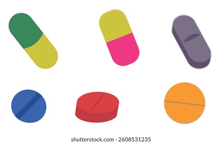 Different pill, capsule and tablet icon set. Professionally drawn illustration of pill icon. Medicines, pills, capsules in green, yellow, pink, blue, red and orange colors on white background.